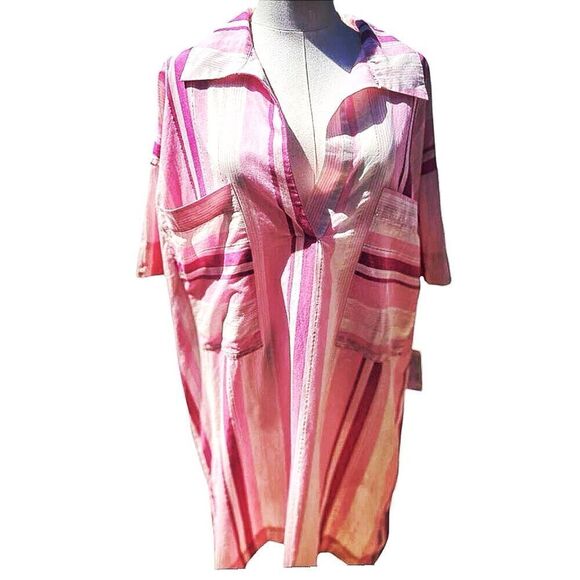 Electric & Rose Pink White Vertical Stripe Button Down Shirt Dress Size Medium N - Picture 1 of 6